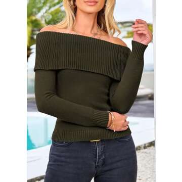 PRETTYGARDEN Women's Fall Off Shoulder Sweaters Y2K Long Sleeve Ribbed Knit Fitted Pullover Winter Date Night Tops Blouse (Army Green,X-Large)