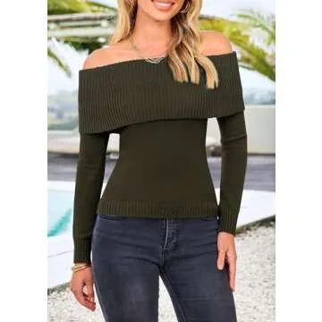 PRETTYGARDEN Women's Fall Off Shoulder Sweaters Y2K Long Sleeve Ribbed Knit Fitted Pullover Winter Date Night Tops Blouse (Army Green,X-Large)