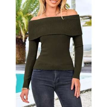 PRETTYGARDEN Women's Fall Off Shoulder Sweaters Y2K Long Sleeve Ribbed Knit Fitted Pullover Winter Date Night Tops Blouse (Army Green,X-Large)