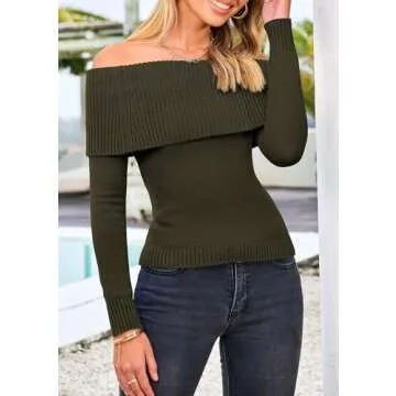 PRETTYGARDEN Women's Fall Off Shoulder Sweaters Y2K Long Sleeve Ribbed Knit Fitted Pullover Winter Date Night Tops Blouse (Army Green,X-Large)