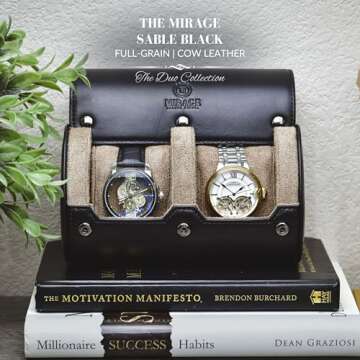 2 Watch Roll Travel Case – Leather Watch Holder Case for Travel - Black Full Grain Cow Leather (Be...