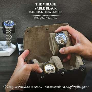 2 Watch Roll Travel Case – Leather Watch Holder Case for Travel - Black Full Grain Cow Leather (Beige Interior)