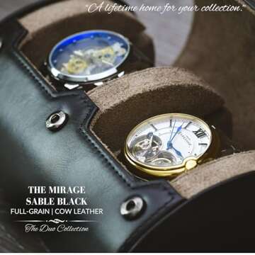 2 Watch Roll Travel Case – Leather Watch Holder Case for Travel - Black Full Grain Cow Leather (Beige Interior)