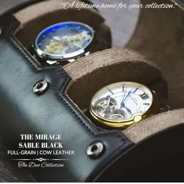 2 Watch Roll Travel Case – Leather Watch Holder Case for Travel - Black Full Grain Cow Leather (Beige Interior)