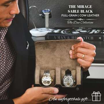 2 Watch Roll Travel Case – Leather Watch Holder Case for Travel - Black Full Grain Cow Leather (Beige Interior)