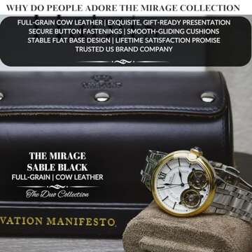 2 Watch Roll Travel Case – Leather Watch Holder Case for Travel - Black Full Grain Cow Leather (Beige Interior)