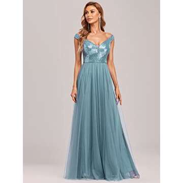 Ever-Pretty Women's Sleeveless Sequin Off-Shoulder Plus Size Dance Party Dress Demin Blue US10