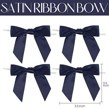 AIMUDI Navy Blue Satin Ribbon Twist Tie Bows 3.5" Pretied Bows Premade Craft Bows for Treat Bags Cak...