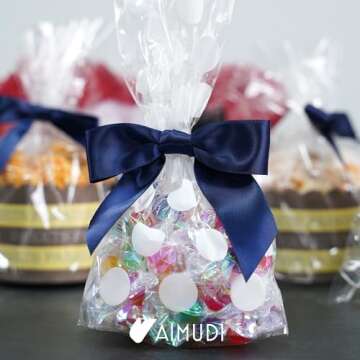 AIMUDI Navy Blue Satin Ribbon Twist Tie Bows 3.5" Pretied Bows Premade Craft Bows for Treat Bags Cake Pop Gift Wrapping Basket Wedding Favors Cookie Candy Bagging Baby Shower - 50 Counts