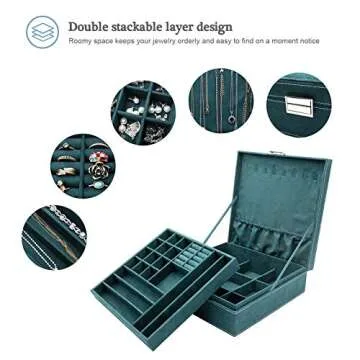 ProCase Velvet Jewelry Box Organizer for Women, 2 Layer Jewelry Display Storage Holder Case for Necklace Earrings Bracelets Rings -Green