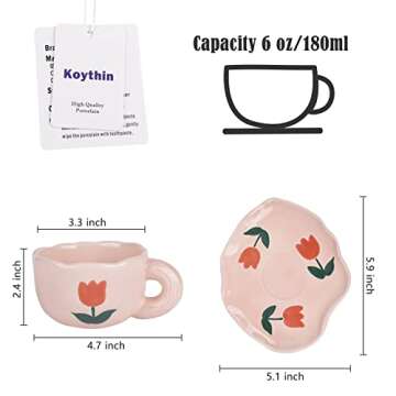 Koythin Ceramic Coffee Mug with Saucer Set, Cute Creative Cup Unique Irregular Saucer Design for Off...