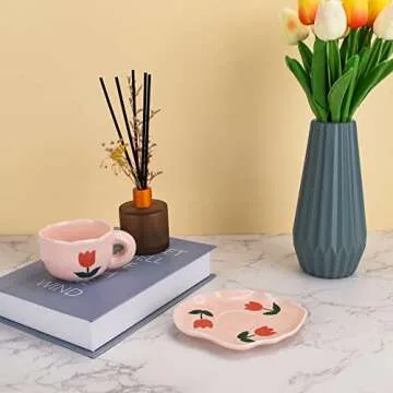 Koythin Ceramic Coffee Mug with Saucer Set, Cute Creative Cup Unique Irregular Saucer Design for Office and Home, Dishwasher and Microwave Safe, 6 oz/180 ml for Latte Tea Milk (Pink Tulips)