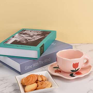 Koythin Ceramic Coffee Mug with Saucer Set, Cute Creative Cup Unique Irregular Saucer Design for Office and Home, Dishwasher and Microwave Safe, 6 oz/180 ml for Latte Tea Milk (Pink Tulips)