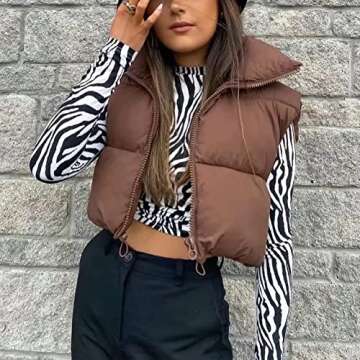 KEOMUD Women's Winter Crop Vest Lightweight Sleeveless Warm Outerwear Puffer Vest Padded Gilet Brown XX-Large