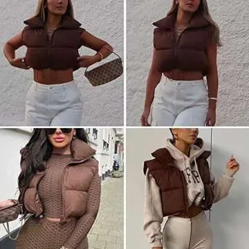 KEOMUD Women's Winter Crop Vest Lightweight Sleeveless Warm Outerwear Puffer Vest Padded Gilet Brown XX-Large