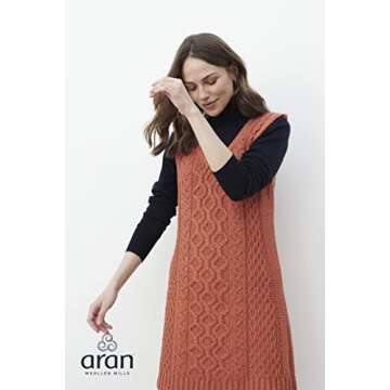 Aran Woollen Mills Ladies Sleeveless Aran Dress 100% Merino Wool Made in Ireland V-Neck (Pumpkin, Medium)
