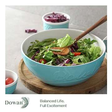 DOWAN 9.6" Serving Bowls, 95 oz Mason Salad Bowls, Ceramic Mixing Bowls, Microwave & Dishwasher Safe, Deep Soup Bowl for Kitchen, Set of 2, Turquoise