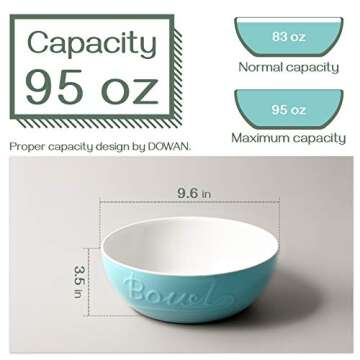 DOWAN 9.6" Serving Bowls, 95 oz Mason Salad Bowls, Ceramic Mixing Bowls, Microwave & Dishwasher Safe, Deep Soup Bowl for Kitchen, Set of 2, Turquoise