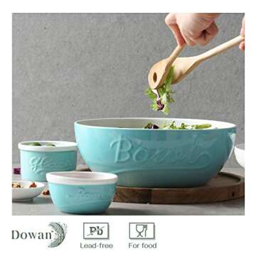 DOWAN 9.6" Serving Bowls, 95 oz Mason Salad Bowls, Ceramic Mixing Bowls, Microwave & Dishwasher Safe, Deep Soup Bowl for Kitchen, Set of 2, Turquoise