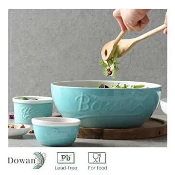 DOWAN 9.6" Serving Bowls, 95 oz Mason Salad Bowls, Ceramic Mixing Bowls, Microwave & Dishwasher Safe, Deep Soup Bowl for Kitchen, Set of 2, Turquoise