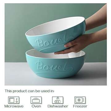 DOWAN 9.6" Serving Bowls, 95 oz Mason Salad Bowls, Ceramic Mixing Bowls, Microwave & Dishwasher Safe, Deep Soup Bowl for Kitchen, Set of 2, Turquoise