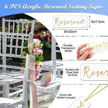 6 Pieces Reserved Signs for Wedding Chairs, Catcan Reserved Seating Signs with Gloden Hanging Rope Acrylic Reserved Chair Hanging Sign for Wedding Church Pews Restaurant Chairs (Golden Letter)
