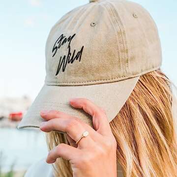 Atticus Poetry Dad Hat, Stay Wild - Trendy Summer Girl Cotton Baseball Cap for Women with Custom Buckle, Adjustable One Size (Khaki, Stay Wild)