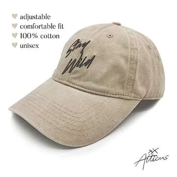 Atticus Poetry Dad Hat, Stay Wild - Trendy Summer Girl Cotton Baseball Cap for Women with Custom Buckle, Adjustable One Size (Khaki, Stay Wild)