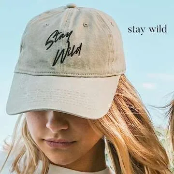 Atticus Poetry Dad Hat, Stay Wild - Trendy Summer Girl Cotton Baseball Cap for Women with Custom Buckle, Adjustable One Size (Khaki, Stay Wild)