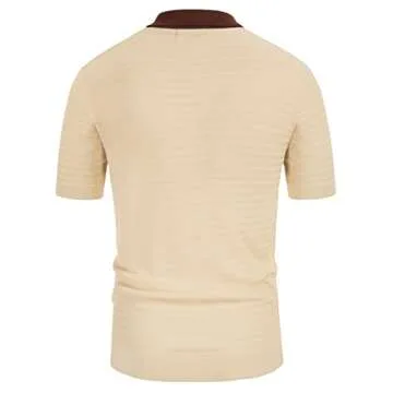 Mens Short Sleeve Vintage Stripe Knit Polo Shirts 60s Retro Sweater Polo Beige M