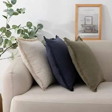 Linen Fringed Throw Pillow Cover - Soft Cozy Boho Cushion Covers with Tassel for Couch Sofa Farmhouse Natural Decor Burlap Pillowcase, Navy Blue 18x18 inches