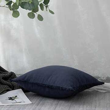Linen Fringed Throw Pillow Cover - Soft Cozy Boho Cushion Covers with Tassel for Couch Sofa Farmhouse Natural Decor Burlap Pillowcase, Navy Blue 18x18 inches