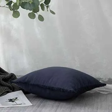 Linen Fringed Throw Pillow Cover - Soft Cozy Boho Cushion Covers with Tassel for Couch Sofa Farmhouse Natural Decor Burlap Pillowcase, Navy Blue 18x18 inches