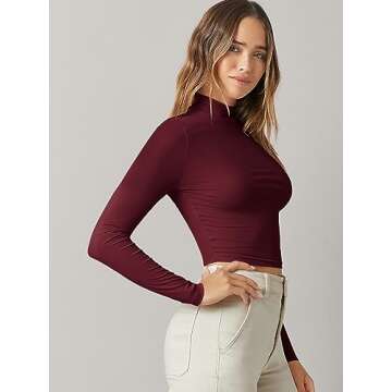 Verdusa Women's Basic Mock Neck Long Sleeve Fitted Crop T Shirt Tops Burgundy S