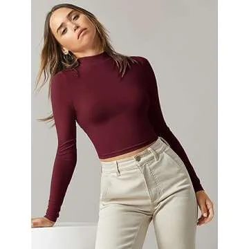 Verdusa Women's Basic Mock Neck Long Sleeve Fitted Crop T Shirt Tops Burgundy S