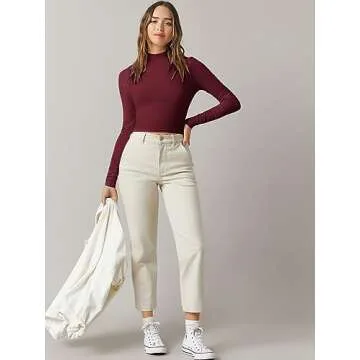 Verdusa Women's Basic Mock Neck Long Sleeve Fitted Crop T Shirt Tops Burgundy S