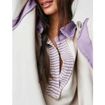 Ugerlov Women's Oversized Sweatshirt Lapel Collared V Neck Polo Shirts Pullover Color Block Striped Long Sleeve Tops, Purple M