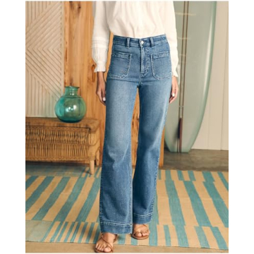 YEXPINE Women's Jeans High Waisted Straight Leg Jeans Stretch Terry Patch Pockets Casul Denim Pants Blue