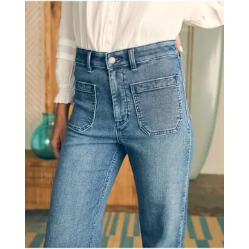 YEXPINE Women's Jeans High Waisted Straight Leg Jeans Stretch Terry Patch Pockets Casul Denim Pants Blue