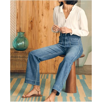 YEXPINE Women's Jeans High Waisted Straight Leg Jeans Stretch Terry Patch Pockets Casul Denim Pants Blue