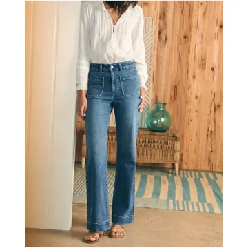 YEXPINE Women's Jeans High Waisted Straight Leg Jeans Stretch Terry Patch Pockets Casul Denim Pants Blue