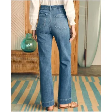 YEXPINE Women's Jeans High Waisted Straight Leg Jeans Stretch Terry Patch Pockets Casul Denim Pants Blue