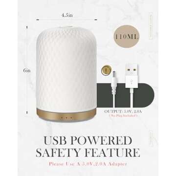 Essential Oil Diffuser,110ML Diffusers for Essential Oils Large Room, Ceramic Diffusers USB Powered Decorative Ultrasonic Defuzzer, Ideal for Aesthetic Home,Dorm Décor, Yoga,White