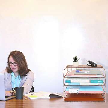 Spacrea Letter Tray, 4 Tier Rose Gold Desk Organizers and Accessories for Women, Stackable Paper File Organizer with 1 Upper Display Shelf (Rose Gold)