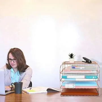 Spacrea Letter Tray, 4 Tier Rose Gold Desk Organizers and Accessories for Women, Stackable Paper File Organizer with 1 Upper Display Shelf (Rose Gold)