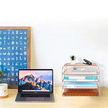 Spacrea Letter Tray, 4 Tier Rose Gold Desk Organizers and Accessories for Women, Stackable Paper File Organizer with 1 Upper Display Shelf (Rose Gold)