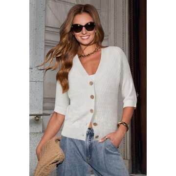 Arach&Cloz Womens Lightweight Cardigan Short Sleeve Shrugs Button Crochet Knit Fashion Sweaters Tops Cozy Clouds Beige