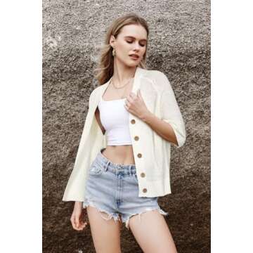 Arach&Cloz Womens Lightweight Cardigan Short Sleeve Shrugs Button Crochet Knit Fashion Sweaters Tops Cozy Clouds Beige
