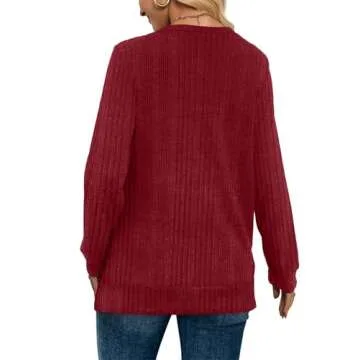 SAMPEEL Long Sleeve Shirts for Women V Neck Basic Fall Tops Comfy Soft Winter Christmas Sweater 2025 Win Red L