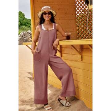 Panadila Womens Waffle Knit Jumpsuit Casual Wide Leg Jumpsuits Oversized Long Rompers Open Back Loose Overalls(Dusty Pink,M)